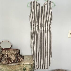 LOFT Black and White Striped Linen Midi Dress.